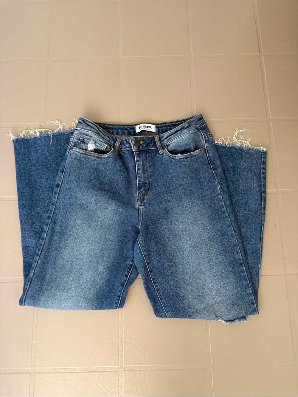 RSQ Blue High-Rise Straight Leg Jeans with Frayed Hem